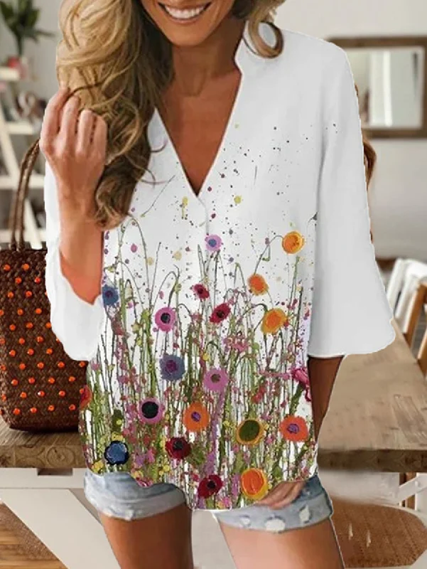 Women'S V Neck Fashion Floral Print Loose Long Sleeve Casual Blouses Bell Sleeve Blouse