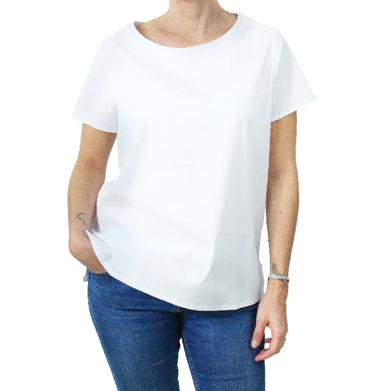 Women's white cotton blouse with boat neckline and short sleeves Soft Knit Blouse