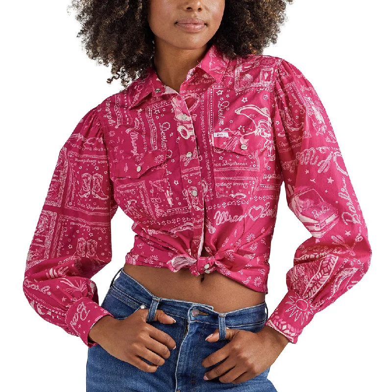 Wrangler X Barbie Womens Western Balloon Sleeve Blouse Delicate Bow Blouse