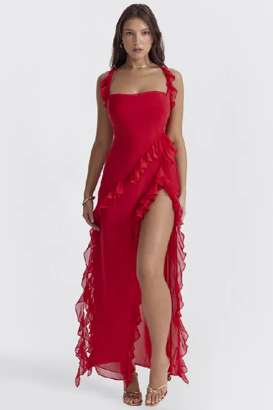 Ariel Cherry Pleated Maxi Dress Elegant Maxi Dress with Drapes