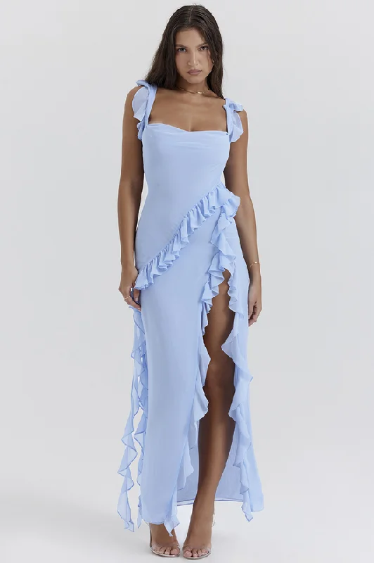 Ariela Soft Blue Ruffle Maxi Dress Fashionable High-Waist Maxi Dress