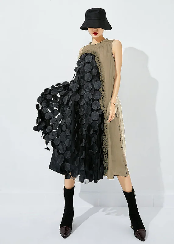 Bohemian Khaki-Black Dot Asymmetrical Patchwork Wrinkled Tulle Maxi Dress Sleeveless Trendy V-Neck Maxi Dress