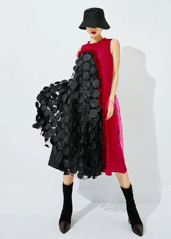 Bohemian Red-Black Dot Asymmetrical Patchwork Wrinkled Tulle Maxi Dress Sleeveless Trendy Off-Shoulder Ruffle Maxi Dress