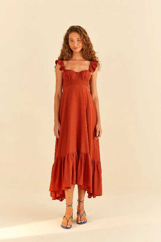 Brown Sleeveless Maxi Dress Stylish Maxi Dress with Frills