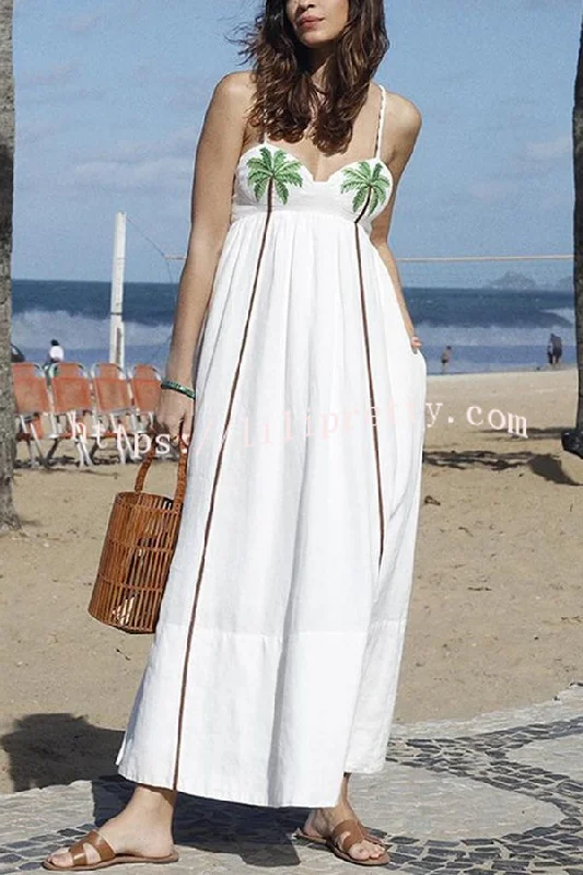 Coconut Tree Print Suspender Backless Large Hem Maxi Dress Trendy Printed Maxi Dress