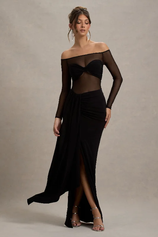 Cover Star | Black Mesh Bardot Long-Sleeve Draped Maxi Dress Stylish Pleated A-Line Maxi Dress