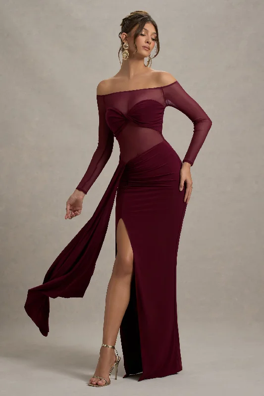 Cover Star | Burgundy Mesh Bardot Long-Sleeve Draped Maxi Dress Classic V-Neck Maxi Dress