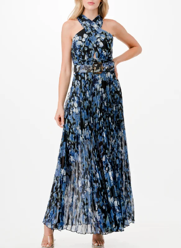 Cross Halter Floral Print Pleated Maxi Dress with Belt and Keyhole Detail, Smocked Waist Stylish Empire Waist Maxi Dress