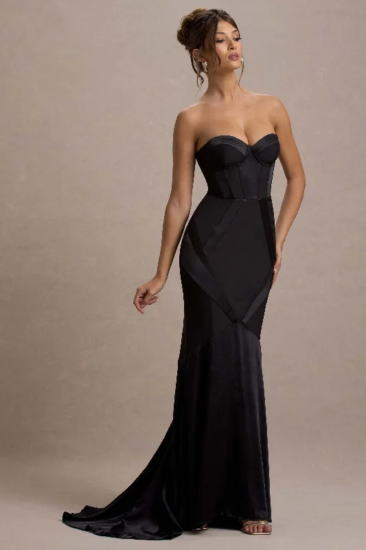 Custom | Black Satin Sweetheart Corset Fishtail Maxi Dress Elegant Maxi Dress with Slit