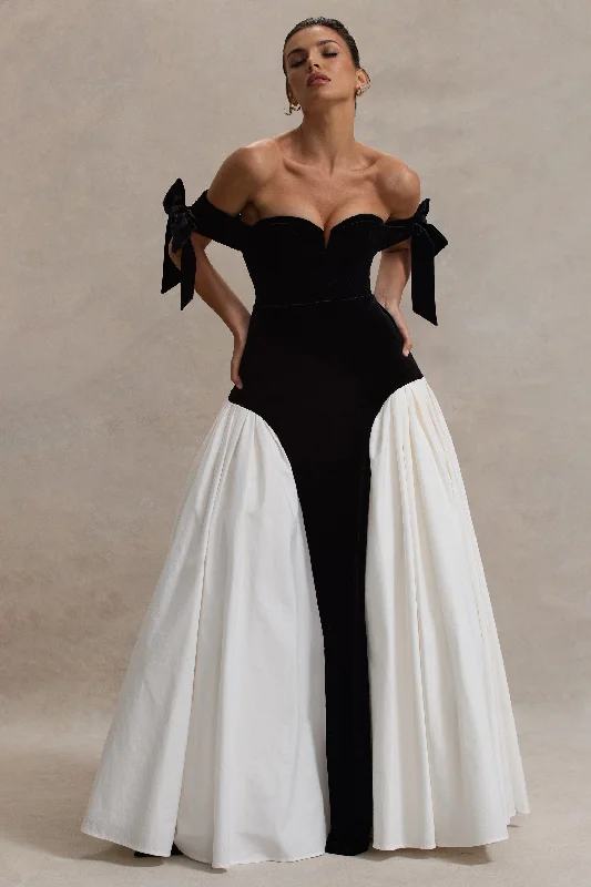 Cyndi | Black & Cream Velvet Bardot Maxi Dress With Volume Skirt Trendy Maxi Dress with Lace