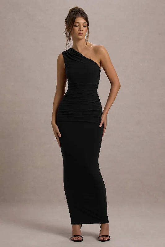 Dalarie | Black One-Shoulder Gathered Maxi Dress Comfortable Long-Sleeve Maxi Dress