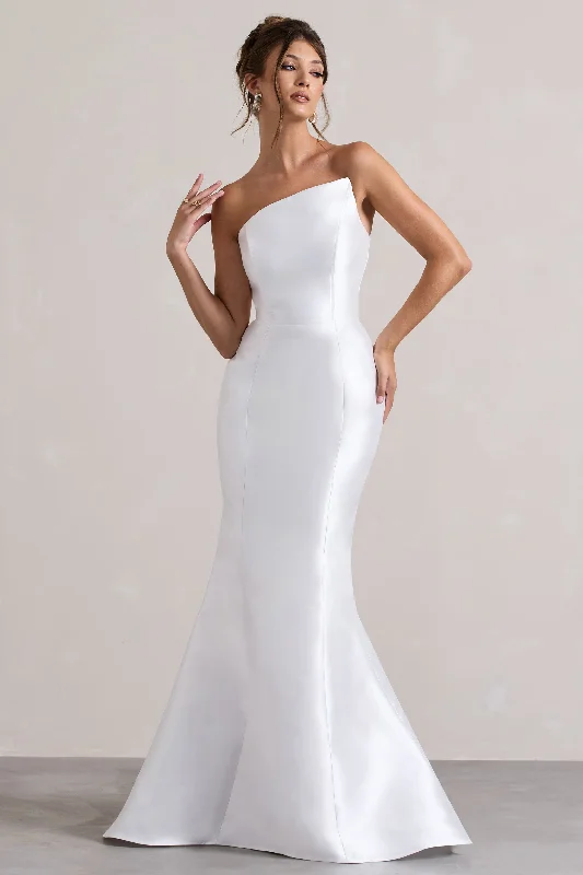 Define | White Satin Asymmetric Fishtail Maxi Dress Trendy Printed Maxi Dress