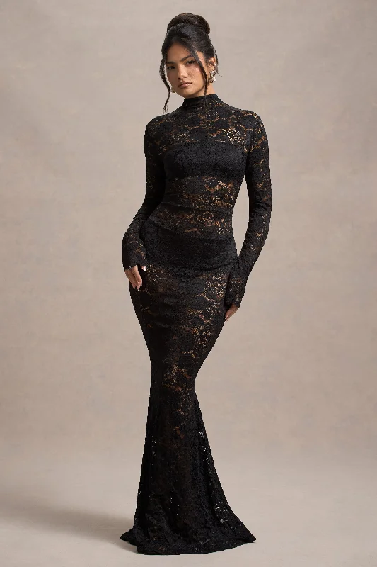 Delevingne | Black Lace Sheer Long-Sleeve Maxi Dress Stylish One-Shoulder Maxi Dress