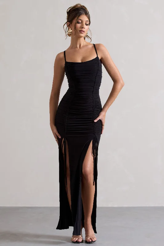 Devon | Black Ruched Strappy Maxi Dress With Splits Elegant Tiered Maxi Dress