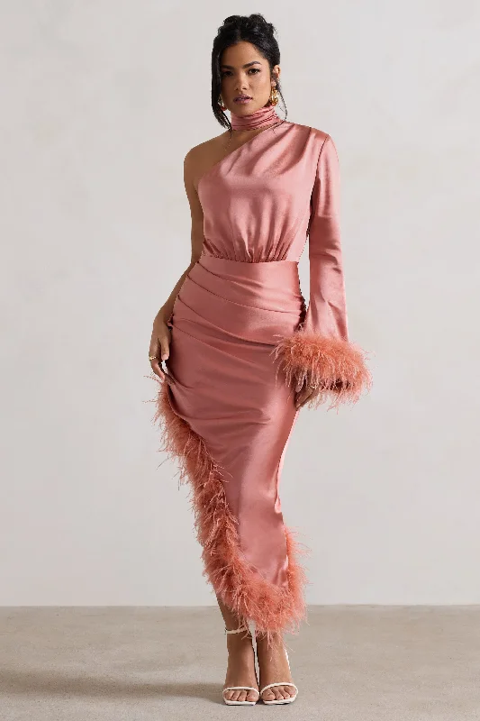 Dolce | Coral Satin Asymmetric One Sleeve Maxi Dress With Feather Trims Cozy Maxi Dress with Slit