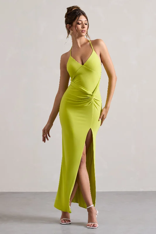 Domenica | Lime Green Halter-Neck Wrap Maxi Dress Trendy V-Neck Maxi Dress