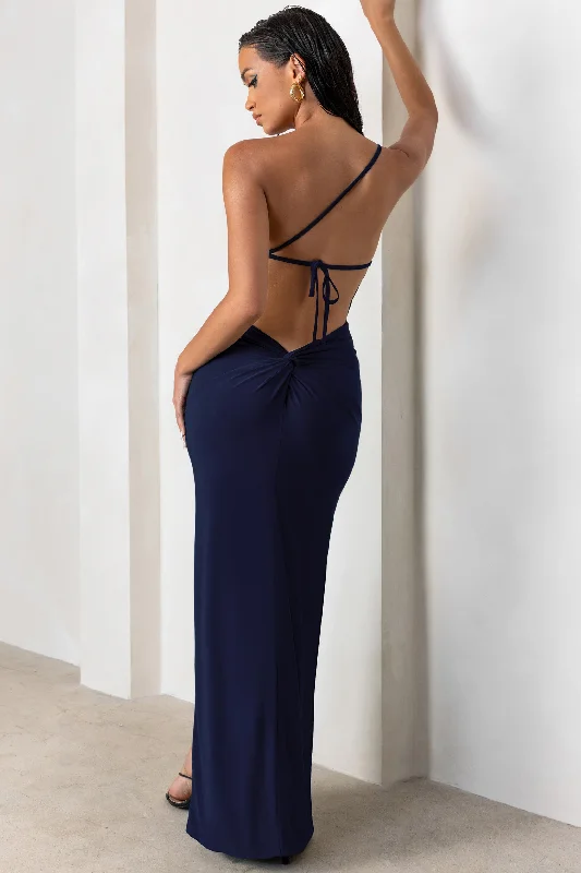 Dressing Up | Navy One Shoulder Maxi Dress With Open Back Detail Stylish Button-Up Maxi Dress