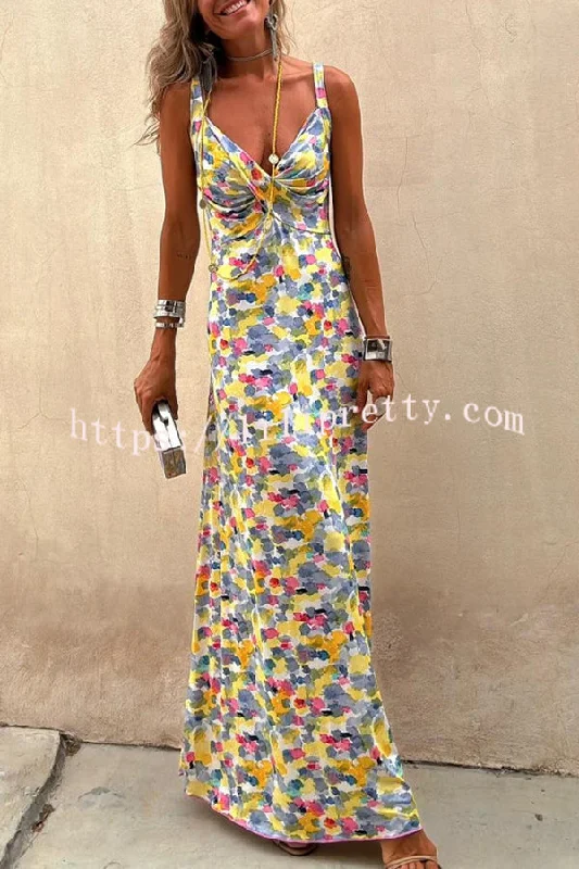 Flora Watercolor Print Crossover Neck Wide Straps Stretch Maxi Dress Stylish V-Neck Maxi Dress