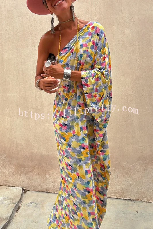 Indio Watercolor Print One Shoulder Drape Sleeve Maxi Dress Fashionable Open-Back Maxi Dress