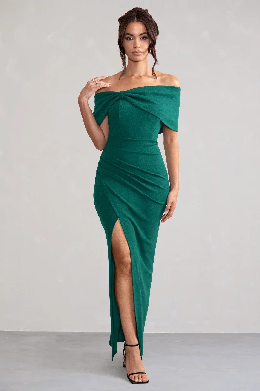 Eva | Green Bardot Bow Detail Maxi Dress With Thigh Split Stylish Maxi Dress with Pleats