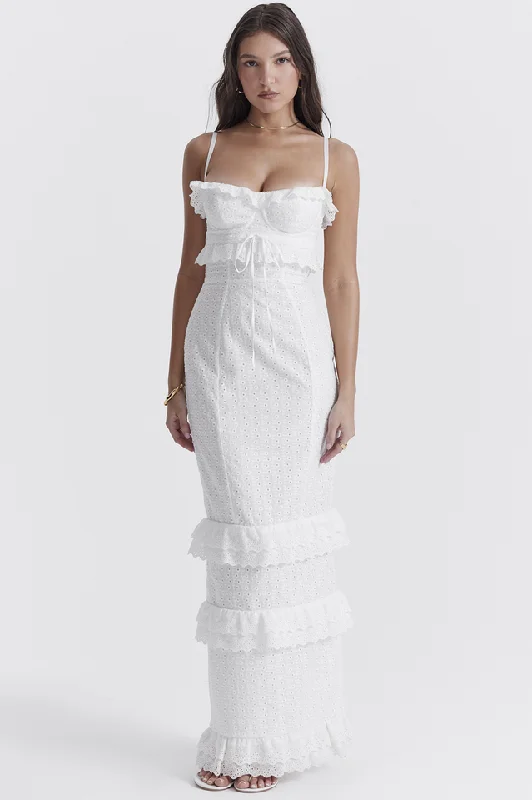 Eve White Broderie Maxi Dress Elegant Tiered Maxi Dress