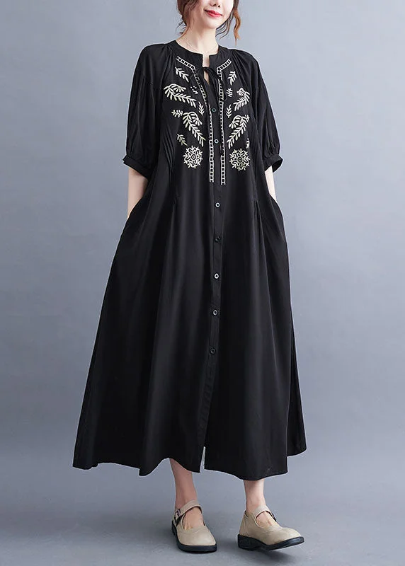 Fashion Black Embroideried Lace Up Cotton Maxi Dress Summer Comfortable Fitted Maxi Dress