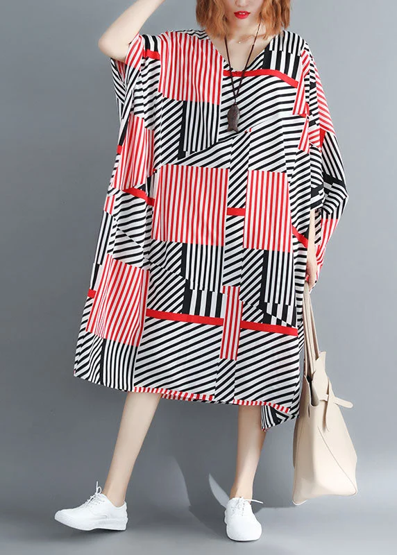 Fitted Black Red Striped Oversized Chiffon Maxi Dresses Batwing Sleeve Comfortable Ruffle Hem Maxi Dress