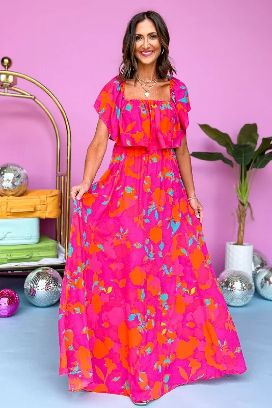 Fuchsia Floral Printed Off The Shoulder Ruffled Maxi Dress Comfortable Maxi Dress with Sleeves