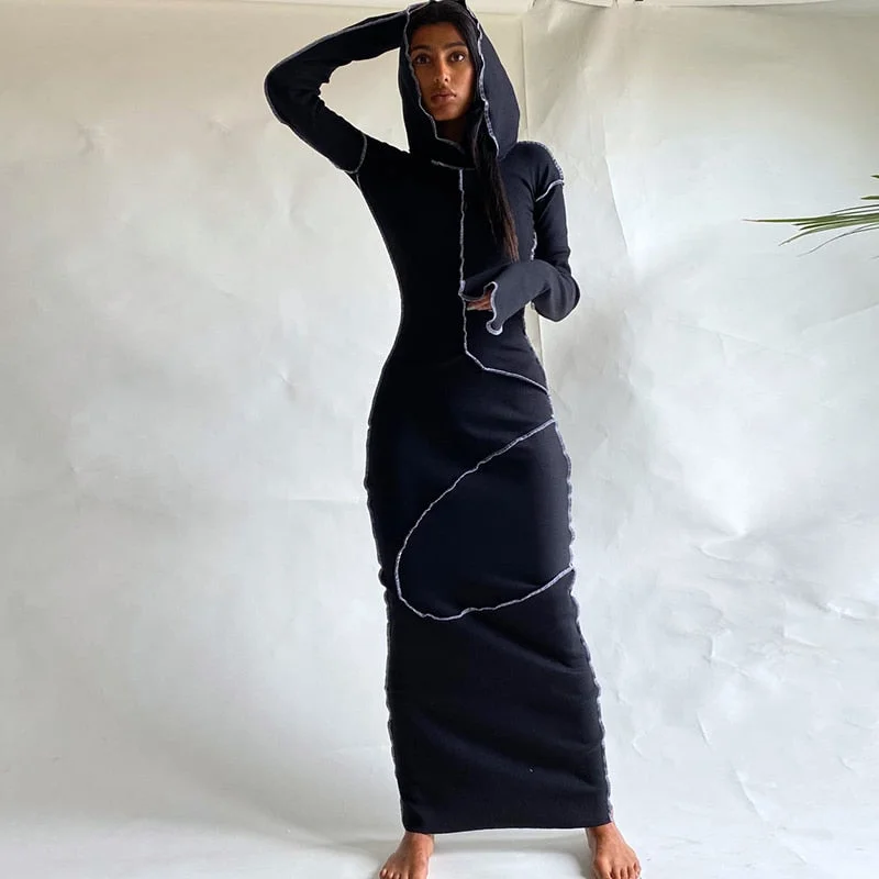 Long Sleeve Hooded Patchwork Skinny Maxi Dress Autumn Winter Women Fashion Streetwear Casual Outfits Trendy Printed Maxi Dress