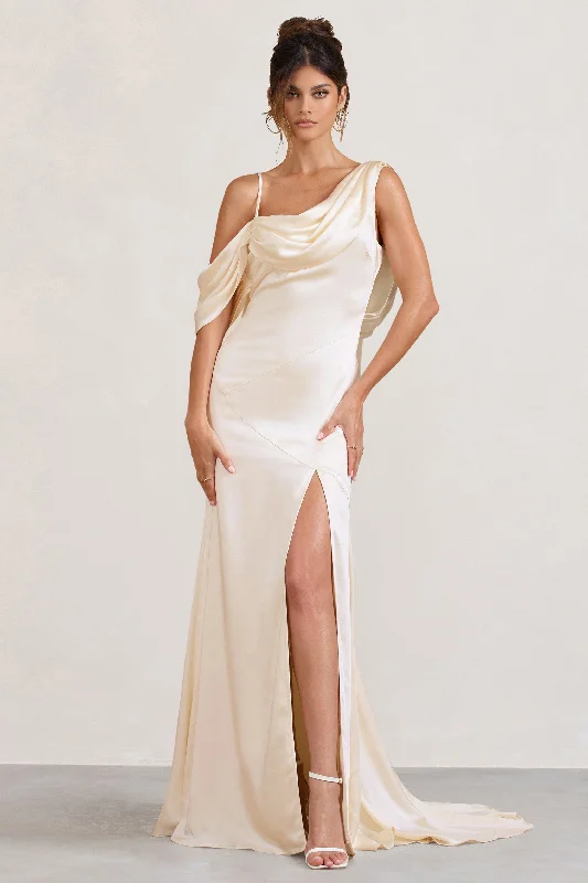 Jayne | Cream Satin Asymmetric Draped Split Maxi Dress Trendy Maxi Dress with Straps