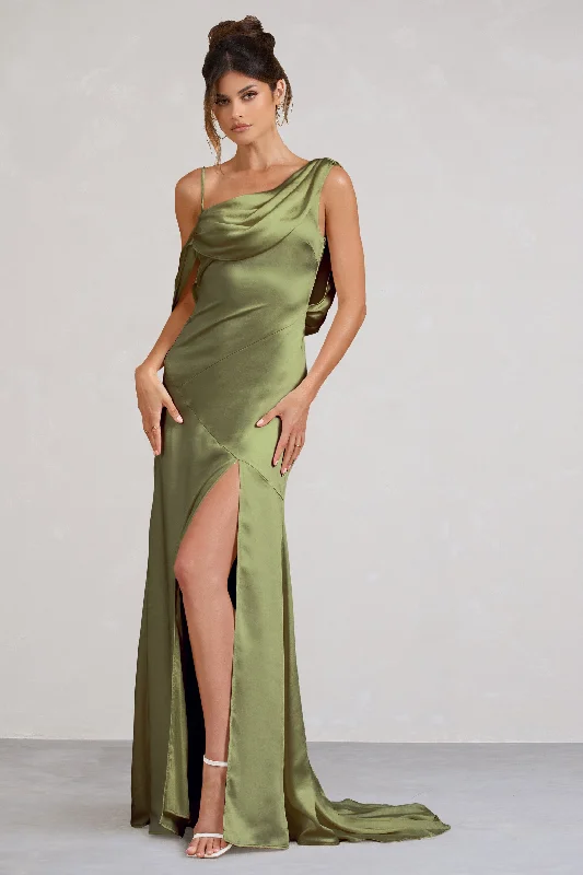 Jayne | Olive Satin Asymmetric Draped Split Maxi Dress Comfortable Ruffle Hem Maxi Dress