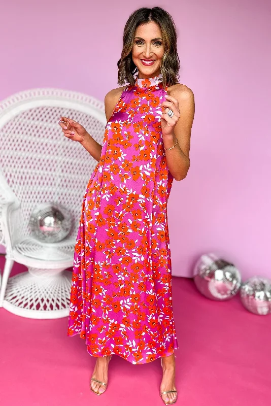 Karlie Coral Purple Floral Printed Mock Neck Halter Maxi Dress Comfortable Flowy Maxi Dress