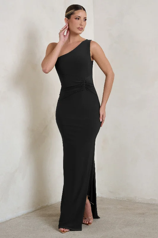 Kary | Black One Shoulder Thigh Split Maxi Dress Cozy Ribbed Maxi Dress