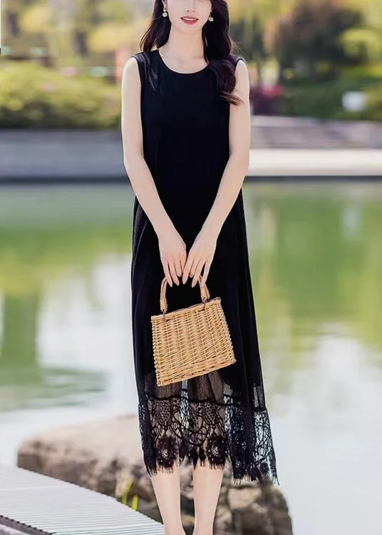 Lace Patchwork Pocket Round Neck Sleeveless Maxi Dress Black Chic Button-Up Maxi Dress