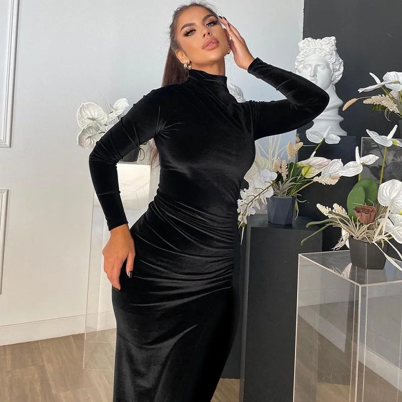 Long Sleeve Elegant Black Velvet Bodycon Maxi Dress For Women Ruched Party Evening Long Dresses 2023 Spring Female Clothes Chic Button-Up Maxi Dress