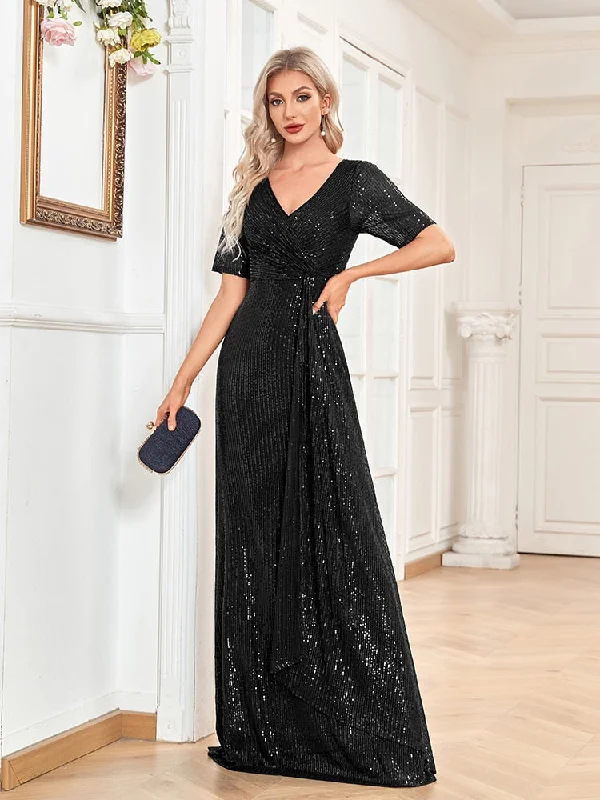 Luxury Floor Length V-Neck Evening Dresses Women Party Maxi Dress Sequin Beading Gowns Long Prom Cocktail Dress Elegant Lace Maxi Dress