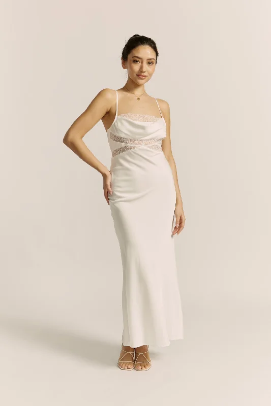 Lyna White Satin Cowl Neck Maxi Dress Stylish V-Neck Maxi Dress