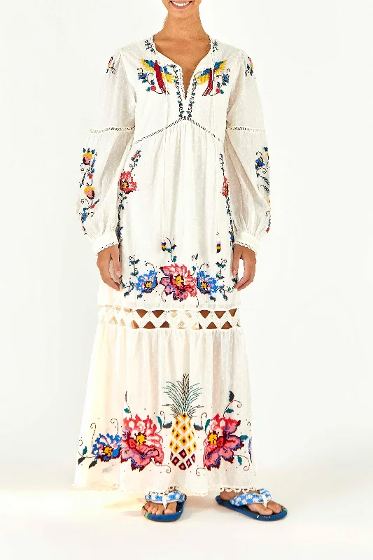 Macaw Cross Stitch Embroidered Maxi Dress Stylish Long Sleeve Maxi Dress