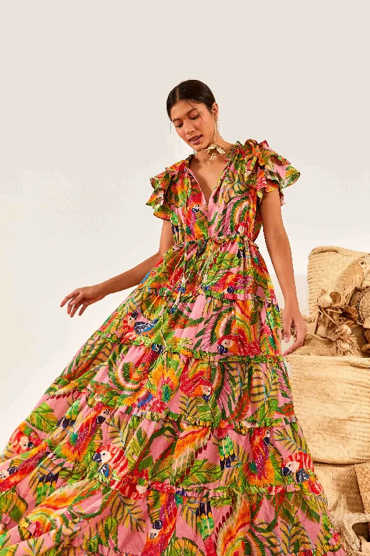 Macaw Leaves Flutter Sleeve Maxi Dress Trendy A-Line Maxi Dress