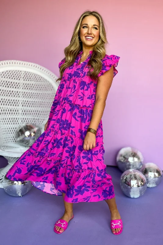 Magenta Floral Printed Split Neck Flutter Sleeve Tiered Maxi Dress Stylish Long Sleeve Maxi Dress