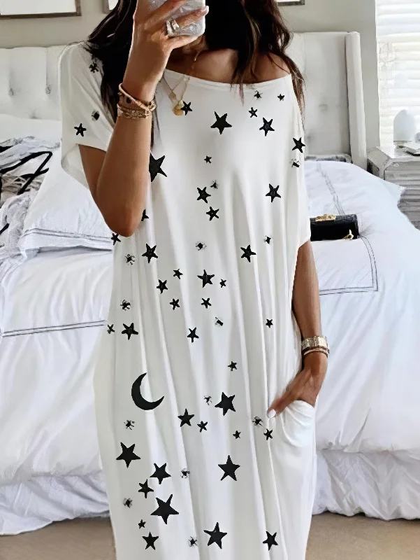 Maxi Dress with Moon and Stars Fashionable Chiffon Tiered Maxi Dress