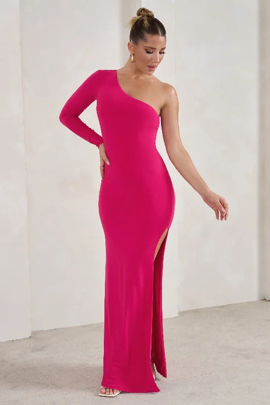 Melanie | Hot Pink One Shoulder Split Maxi Dress Elegant Lace Maxi Dress