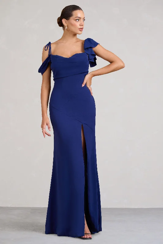 Merlot | Navy Asymmetric Draped Split Maxi Dress Cozy Wrap Maxi Dress