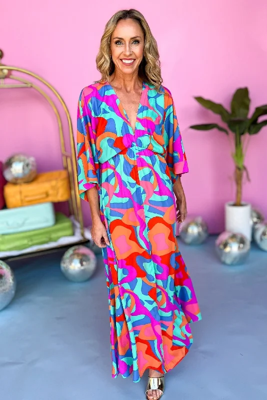 Mint Abstract Printed V Neck Kimono Sleeve Maxi Dress Stylish Boho Chic Maxi Dress