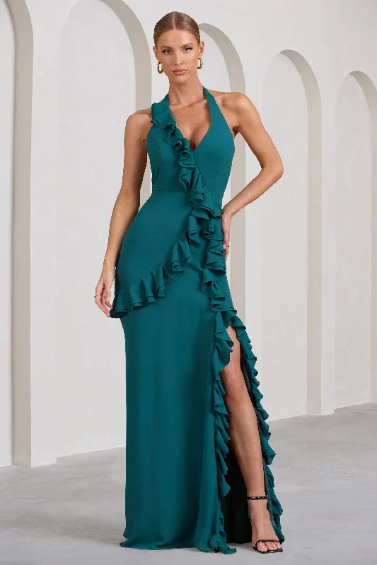 Morning | Bottle Green Ruffled Halter-Neck Split Maxi Dress Stylish Maxi Dress with Pleats