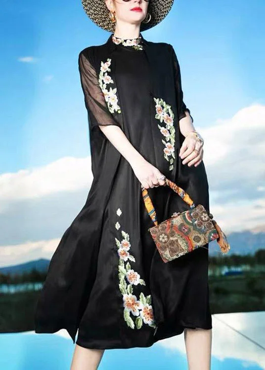 Novelty Black Stand Collar Embroideried Floral Button Silk Maxi Dress Summer Stylish Pleated A-Line Maxi Dress