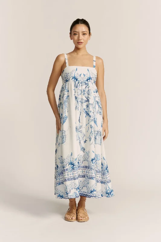 Ophelia Blue Boho Tropical Maxi Dress Comfortable Fit-and-Flare Maxi Dress