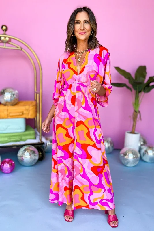 Pink Abstract Printed V Neck Kimono Sleeve Maxi Dress Cozy Maxi Dress with Slit