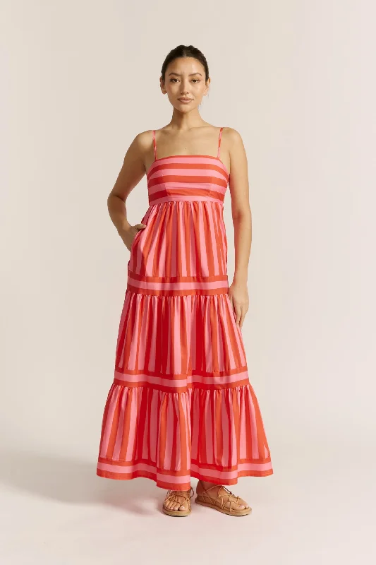 Pippa Pink Red Stripe Maxi Dress Elegant Lace-Up Maxi Dress