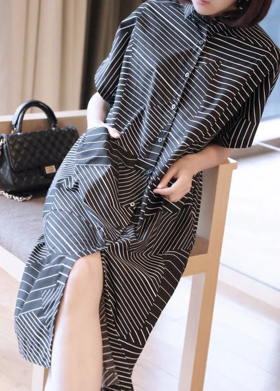 Plus Size Black Peter Pan Collar Striped Maxi Dresses Summer Trendy Fit-and-Flare Maxi Dress